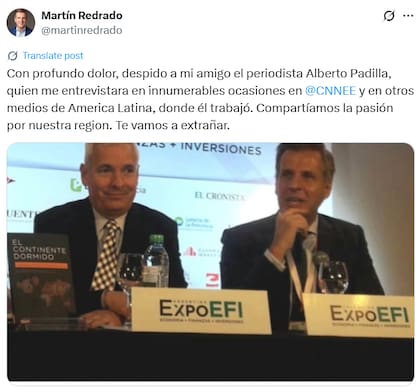 Martín Redrado expresó su tristeza tras recibir la noticia de Alberto Padilla (Fuente: @martinredrado)