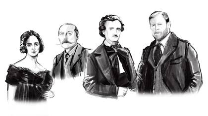 Mary Shelley, Arthur Conan Doyle, Edgar Allan Poe y Bran Stoker. Ilustración: Ariel Escalante
