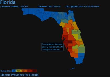 Más 2.800.000 de personas se quedaron sin electricidad mientras avanza por el centro de Florida el huracán Milton