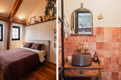 Más amplio, el segundo cuarto de huéspedes sostiene la propuesta de todo el proyecto con un revestimiento de machimbre y respaldo con funda de tela. El toilette de reminiscencias marroquíes tiene azulejos al estilo de los clásicos zellige de ese país.