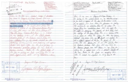 Más cartas del Chapo Guzmán en su encierro, donde pide clemencia, alega inocencia, reclama que lo regresen a México, se dice víctima del Estado mexicano, exige que le dejen ver a su esposa...