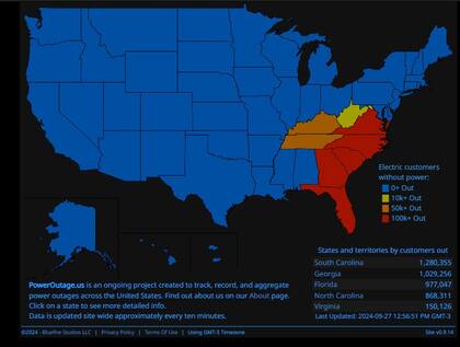 Más de 4,3 millones de personas sin luz en EE.UU. a causa de la tormenta tropical Helene