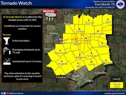 Más de 50 condados en Texas, incluidos Dallas y Tarrant, están bajo vigilancia de tornado hasta las 11 horas (CST), según el NWS