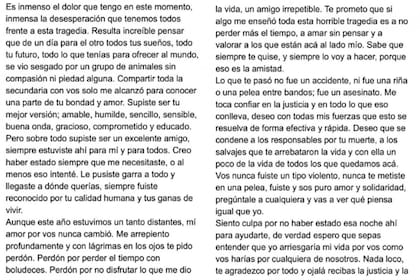 Matías, amigo de Fernando Báez Sosa publicó una carta para despedir a su amigo, Fernando Báez Sosa, que murió el sábado pasado en una pelea en Villa Gesell.