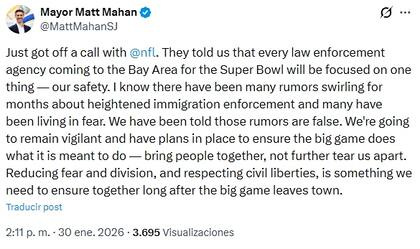 Matt Mahan informó de la charla con autoridades de la NFL en X (antes Twitter)