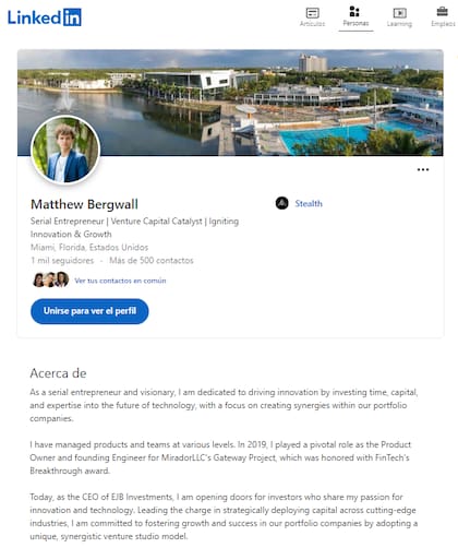 Matthew Bergwall contaba con un perfil de LinkedIn donde se describía a sí mismo como un “emprendedor en serie”