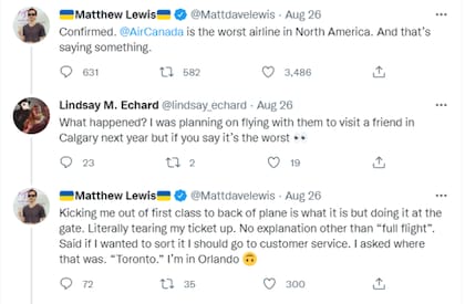 Matthew Lewis se descargó en redes sociales contra Air Canada luego de que lo cambiaran de primera clase a turista sin previo aviso