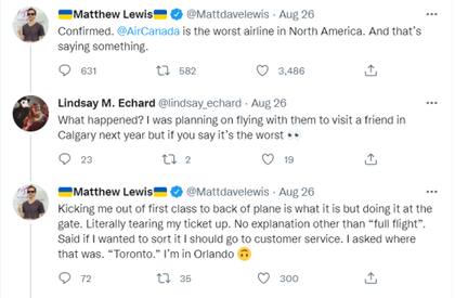 Matthew Lewis se descargó en redes sociales contra Air Canada luego de que lo cambiaran de primera clase a turista sin previo aviso