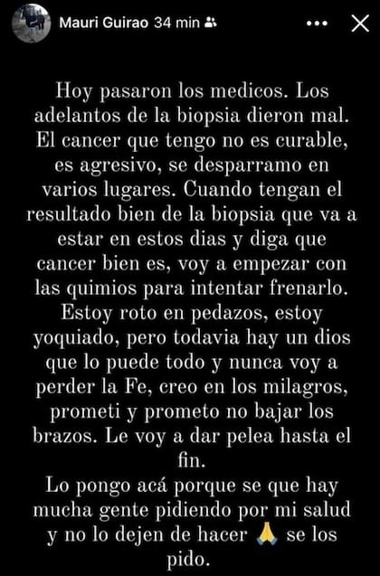 Mauricio Guirao contó en las redes que le diagnosticaron cáncer: "Prometí y prometo no bajar los brazos" (Foto: Instagram)
