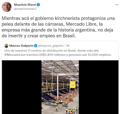 Mauricio Macri tuiteó con halagos para Mercado Libre