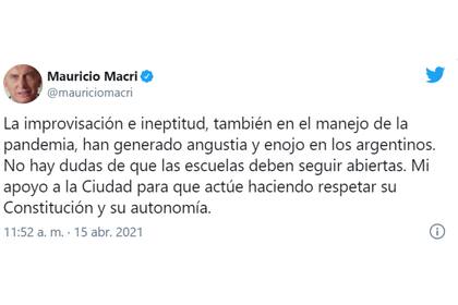 Mauricio Macri utilizó su cuenta de Twitter para criticar las medidas nacionales