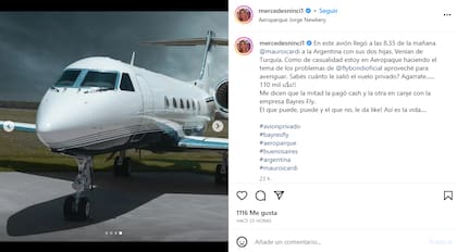 Mauro Icardi llegó a la Argentina con sus hijas a bordo de un avión privado (Foto: Instagram @mercedesninci1)