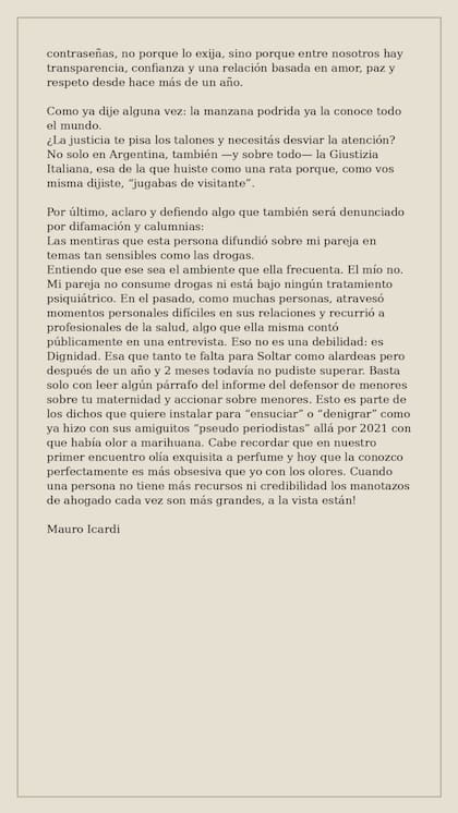 Mauro Icardi publicó un nuevo extenso comunicado en contra de Wanda Nara (Foto: Captura Instagram/@wanda_nara)