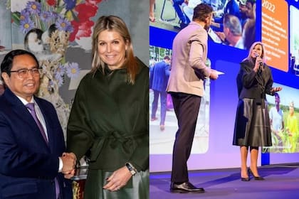 Máxima Zorreguieta usó el mismo conjunto de abrigo y pollera verde de Natan en diciembre de 2022 y noviembre de 2024 (Foto: Instagram @koninklijkhuis)