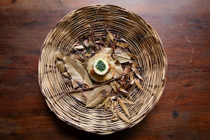 Mbejú, pescado y chutney. Mbejú tradicional: mandioca fermentada, sin lácteos, pacú ahumado con centro de yuyos silvestres, y chutney de ubajay.