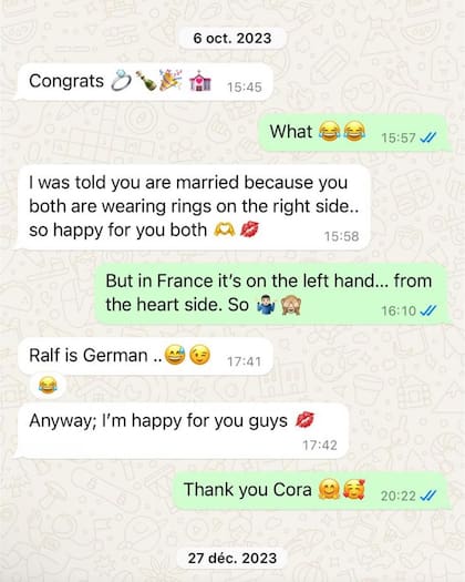 "Me gustaría aclarar que Cora nos felicitó en octubre de 2023 porque pensó que nos habíamos casado (...) Creo que es una pena para Etienne y para mí que ella difunda tantas mentiras. Ambos sólo queremos nuestra paz", aseguró Ralf.