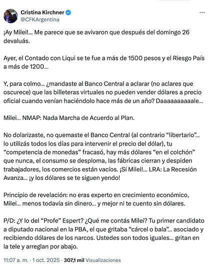 "Me parece que se avivaron que después del domingo 26 devaluás", afirmó la expresidenta