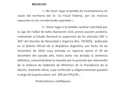 Medida cautelar que suspende los artículos del DNU 70/2023 que hacen referencia a las SAD, solicitada por la Liga de Fútbol de Salto Asociación Civil.