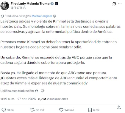 Melania Trump reclamó que ABC cancele el programa de Jimmy Kimmel