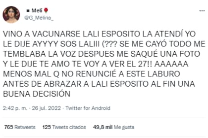 Melina compartió en Twitter cómo fue el encuentro con Lali Espósito (Foto: Twitter @G_Melina_)