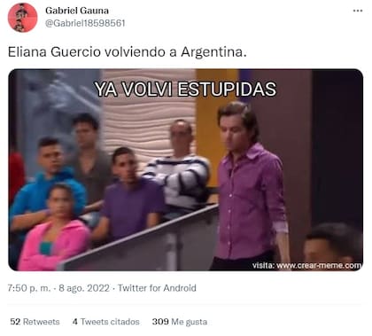 Meme de la llegada de Eliana Guercio al país