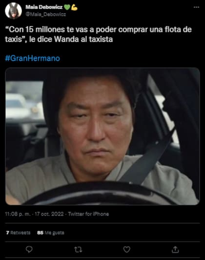 Meme del comentario de Wanda Nara a un participante cuyo oficio es de taxista.