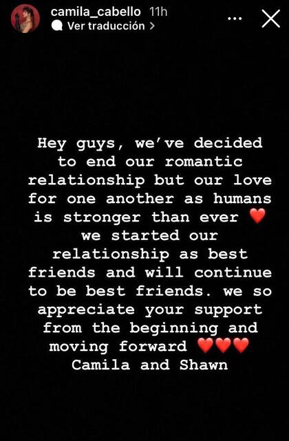 Mensaje compartido por Cabello en sus historias de Instagram y replicado por Mendes en su perfil de la misma red social