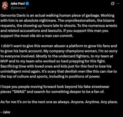 Mensaje de Jake Paul sobre cancelación de la pelea contra Gervonta Davis (X @jakepaul)