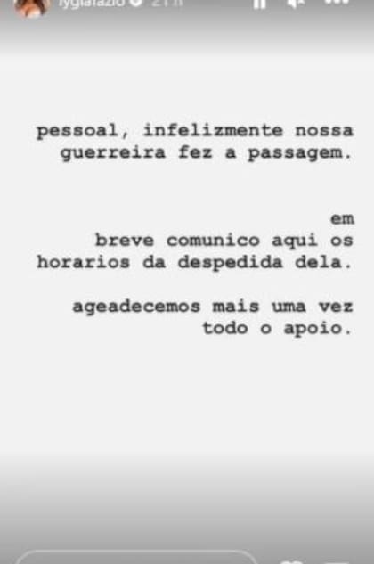 Mensaje de la familia de Lygia Fazio
Foto: Instagram: Lygia Fazio