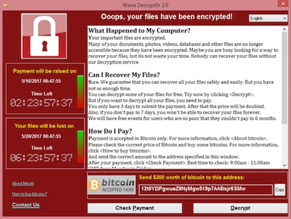 Mensaje de los hackers del ataque de ransomware WannaCry de 2017 en el que daban instrucciones para pagar el "rescate" de la información secuestrada.