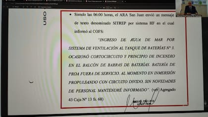 Mensaje del 15 de noviembre de 2017, donde el capitán informó el principio de incendio provocado por el ingreso de agua de mar al tanque de baterías N° 3 a través del sistema de ventilación