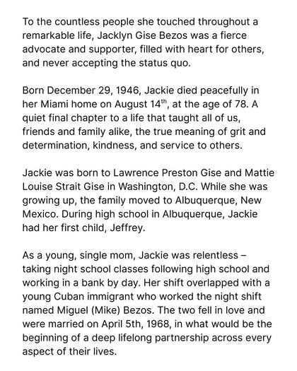 Mensaje para Jackie Bezos, madre de Jeff Bezos por su muerte(Instagram @jeffbezos)