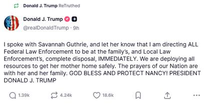 Mensaje publicado por Trump sobre su conversación con Savannah Guthrie. Fuente: Truth Social