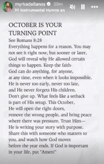 Mensaje que publicó Myrka Dellanos en sus redes sociales (Instagram/@myrkadellanos)