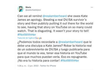 Mensajes a favor de Kate James tras el veredicto que encontró culpable a Amber Heard (Foto: Captura de Twitter)