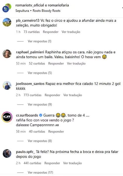 Mensajes de Instagram en contra de Romario y su entrevista a Raphinha