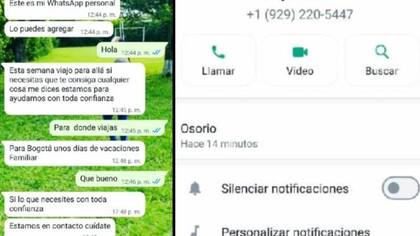 Mensajes que recibieron allegados desde un número de Estados Unidos (Foto: cortesía EL TIEMPO)