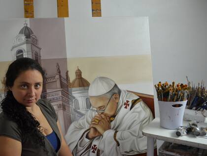Mercedes Fariña pintó este cuadro cuando se enteró que Bergoglio había sido elegido Papa, y al él le gustó tanto que pidió que se lo llevara al Vaticano