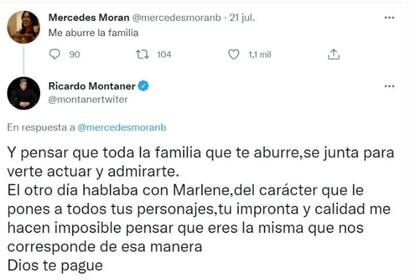 Mercedes Morán había deslizado un filoso mensaje en su cuenta de Twitter y Montaner le respondió duramente: "Dios te pague"