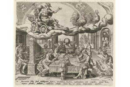 Una representación del siglo XVI de Mercurio viajando en su carroza en el cielo, tirado por dos gallos.