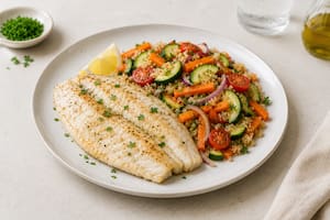 Merluza a la plancha con quinoa y vegetales