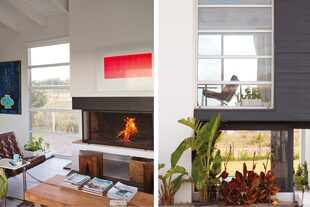 Mesa baja ‘Hirame’ de teca maciza y banquito de madera de mango (todo de Marabierto). Sobre la chimenea, cuadro del colorista pop Peter Gee, comprado en Nueva York. ¡Y almácigos de tomate junto a la ventana!