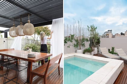 Mesa, bancos y sillas ‘Mamut’ (Bull). Lámparas colgantes ‘Rey’ (La Feliz). Pileta revestida en venecitas blancas con borde antitérmico. Reposeras (Pampa Living).