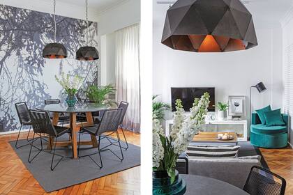 Mesa con tapa de mármol negro (Aranda Mármoles). Florero (Viveca Home). Sillas ‘Dahlia’ (Increa). Lámparas (Paul French Gallery).