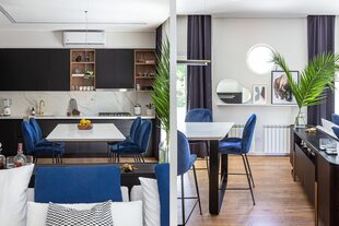 Mesa con patas de hierro y tapa de mármol Calacatta ‘Silva’ (Baremes); banquetas ‘Beat’, con base de hierro y tapizadas en terciopelo (Estilo Rattan).