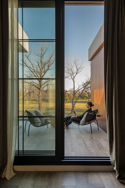 Mesa de centro de raíz quemada y sillones 'Agnoli' con almohadones.