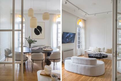 Mesa de comedor en guatambú y sillas de hierro tapizadas. Sillón curvo en pana gris perla y sofá con funda en tussor natural (todo de Aserrín Hace Ran). Almohadones (Claudia Adorno). Mesita rodaja ‘Jane Black’ (Basart).