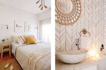 En el toilette, toallero con nuevo niquelado (Argento Restauraciones), bacha de apoyo de venecitas y grifería monocomando (Todogrifería). Para renovar las paredes aplicaron masa niveladora sobre los azulejos existentes y empapelaron con vinilo (Enamorada del Muro).