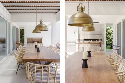 Mesa de pino tea y, en ratn, sillas y sillones para las cabeceras (Muliere-Padilla). El varillado tamiza la luz y evita oscurecer los interiores por de ms.