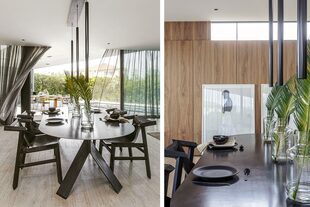 Mesa ‘Iron’ con tapa de hierro natural encerada y puntas redondeadas, sillas de hierro negro y lino y lámpara colgante con trío de luces led ‘Tute’ (todo de EstudioPet).